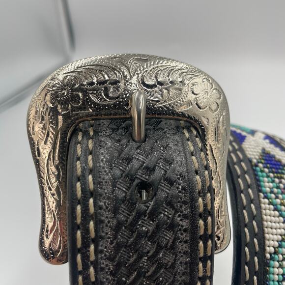 Ranger Belt Company Western Beaded Leather Belt Silver Buckle 30 S - Picture 5 of 7
